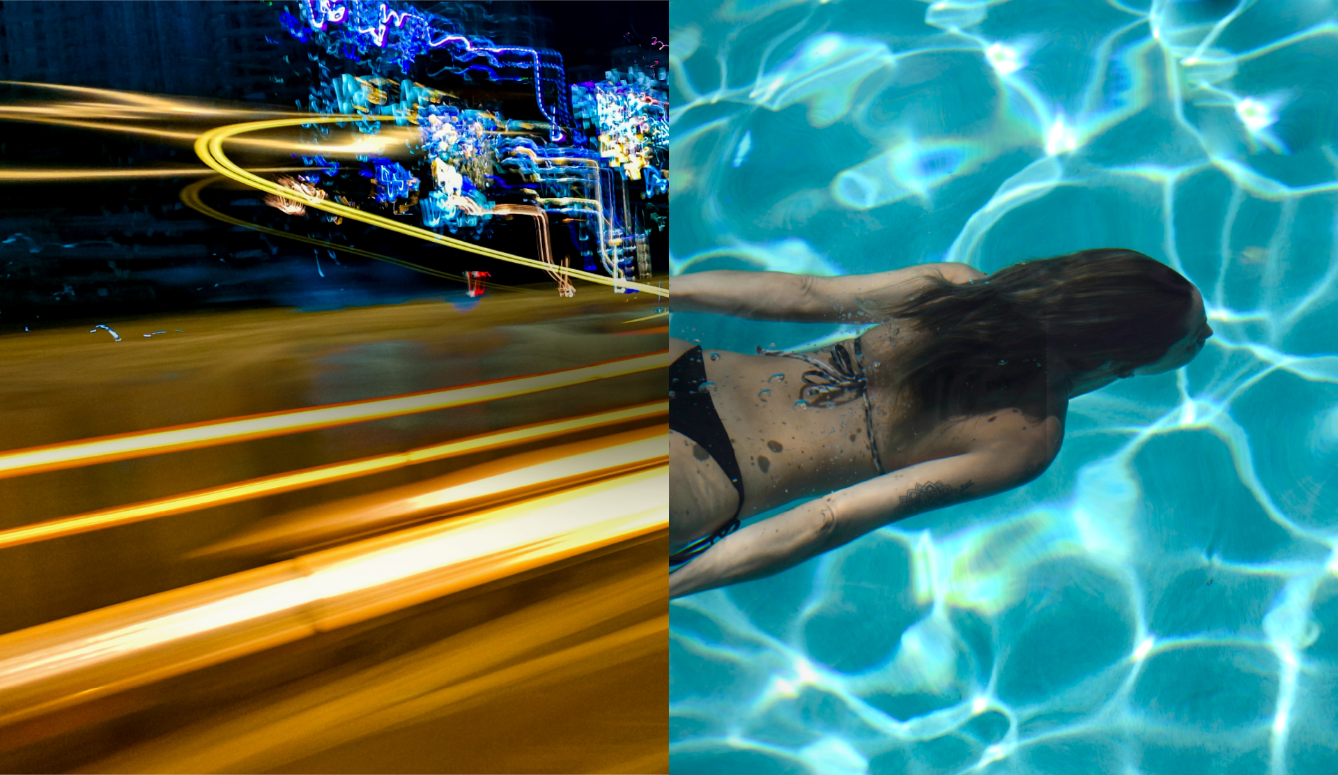 Chelsea hero image - city lights timelapse juxtaposed with person swimming in a pool